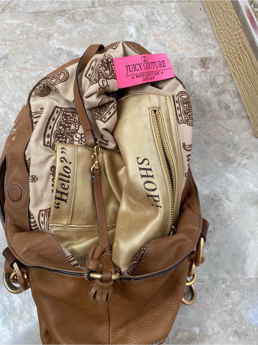 Juicy Couture Brown Leather Shoulder Bag with Pom-Pom Charm - Picture 4 of 8